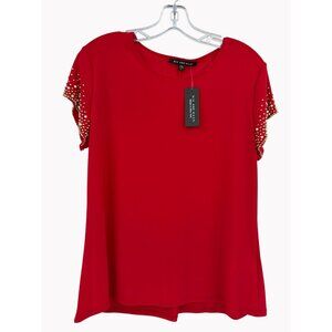 Nik and Nash Size L Red Top Gold Pearl Embellished Sleeves Womens New